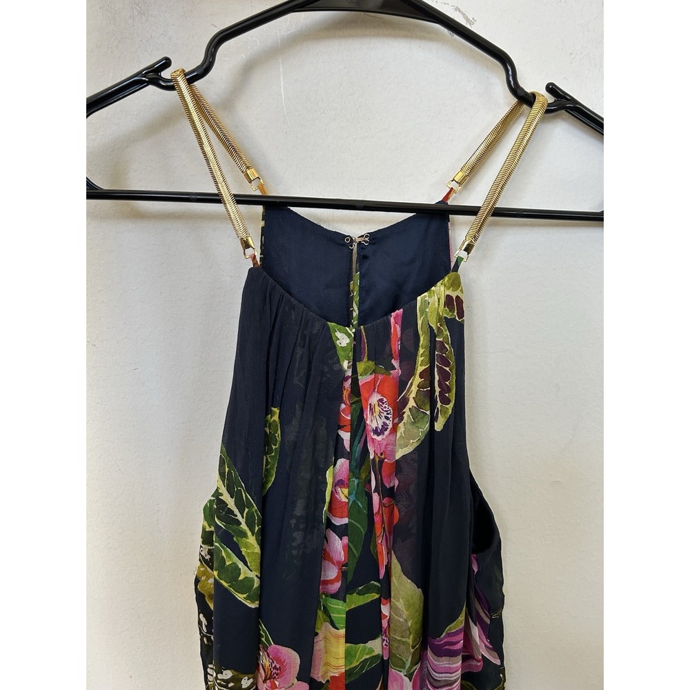Trina Turk 100% Silk Jumpsuit M Tropical Floral Halter Gold Chain Wedding Guest - Picture 5 of 8